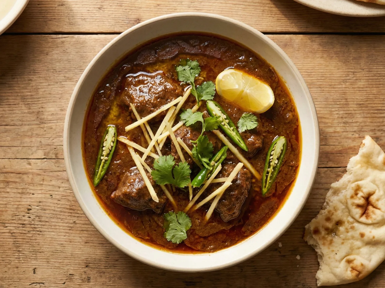 A wide shallow bowl of dark, glossy beef nihari garnished with fresh ginger julienne, green chillies, and coriander, with a torn piece of naan beside it