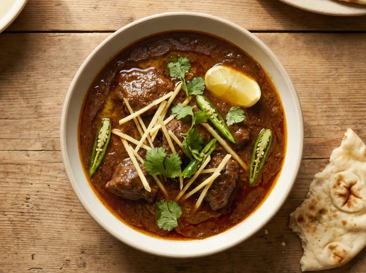 A wide shallow bowl of dark, glossy beef nihari garnished with fresh ginger julienne, green chillies, and coriander, with a torn piece of naan beside it