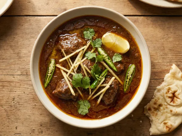 A wide shallow bowl of dark, glossy beef nihari garnished with fresh ginger julienne, green chillies, and coriander, with a torn piece of naan beside it