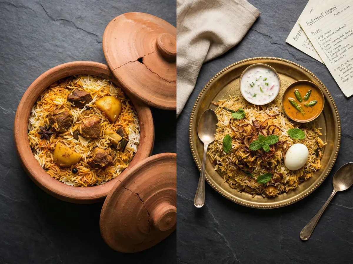 Side-by-side: an opened clay pot of kacchi biryani and a plate of Hyderabadi dum biryani