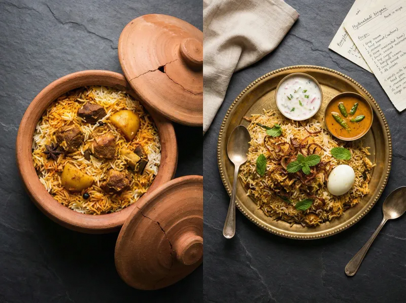 Side-by-side: an opened clay pot of kacchi biryani and a plate of Hyderabadi dum biryani