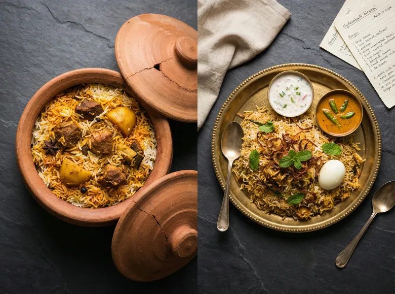 Side-by-side: an opened clay pot of kacchi biryani and a plate of Hyderabadi dum biryani