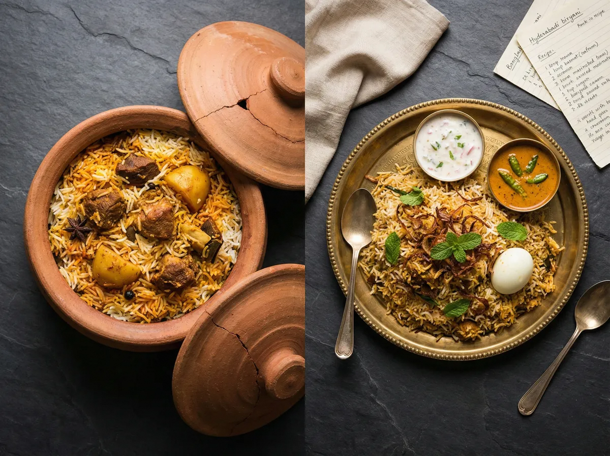 Side-by-side: an opened clay pot of kacchi biryani and a plate of Hyderabadi dum biryani