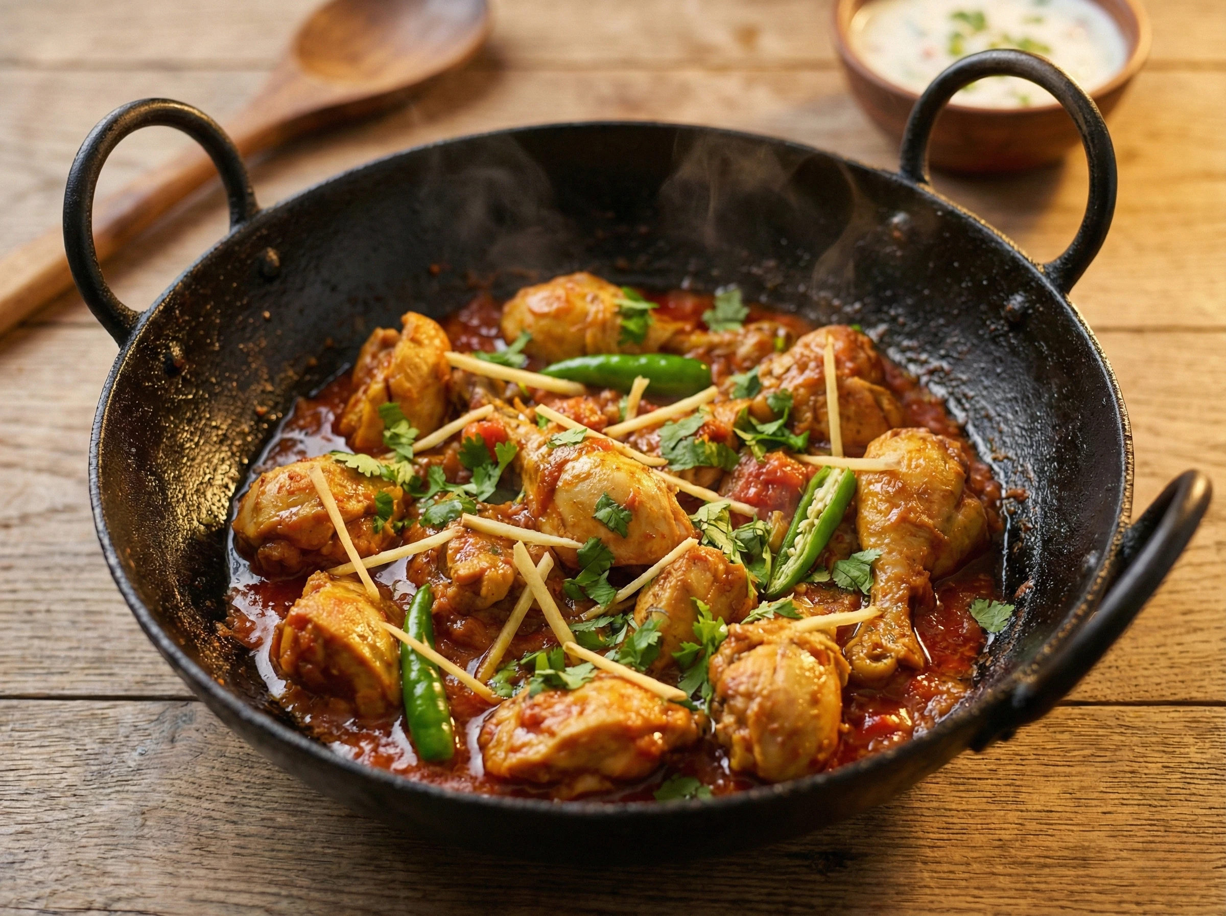 Chicken karahi in a blackened steel wok with ginger julienne and fresh coriander