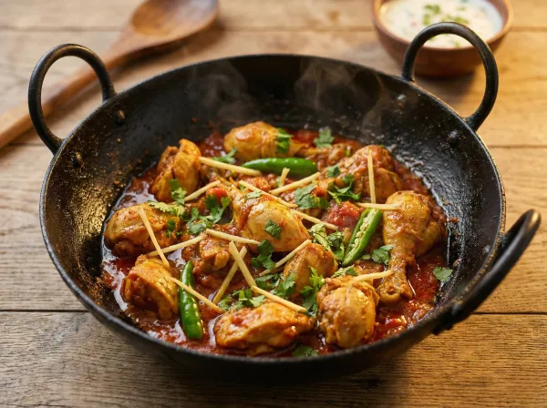 Chicken karahi in a blackened steel wok with ginger julienne and fresh coriander