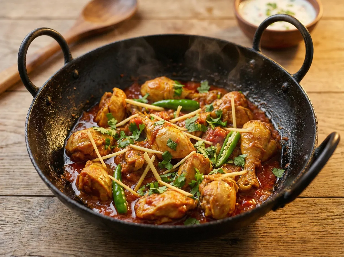 Chicken karahi in a blackened steel wok with ginger julienne and fresh coriander