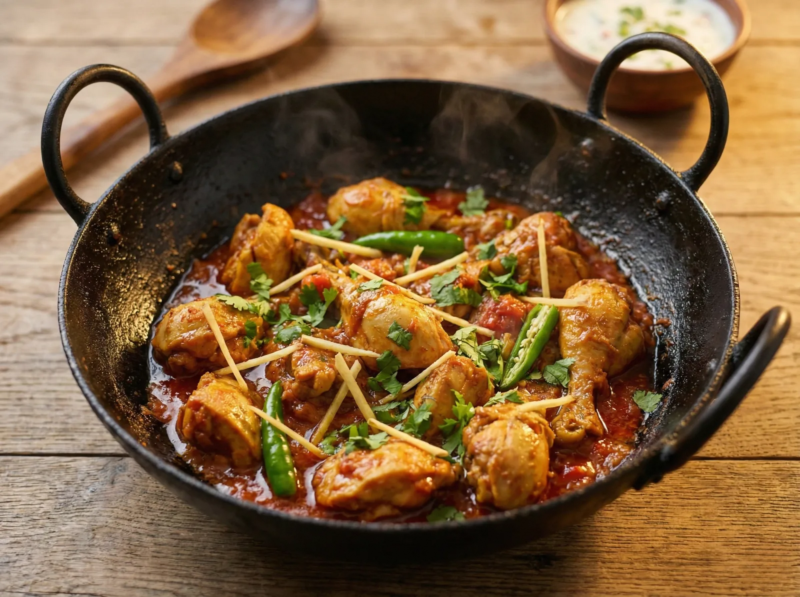 Chicken karahi in a blackened steel wok with ginger julienne and fresh coriander