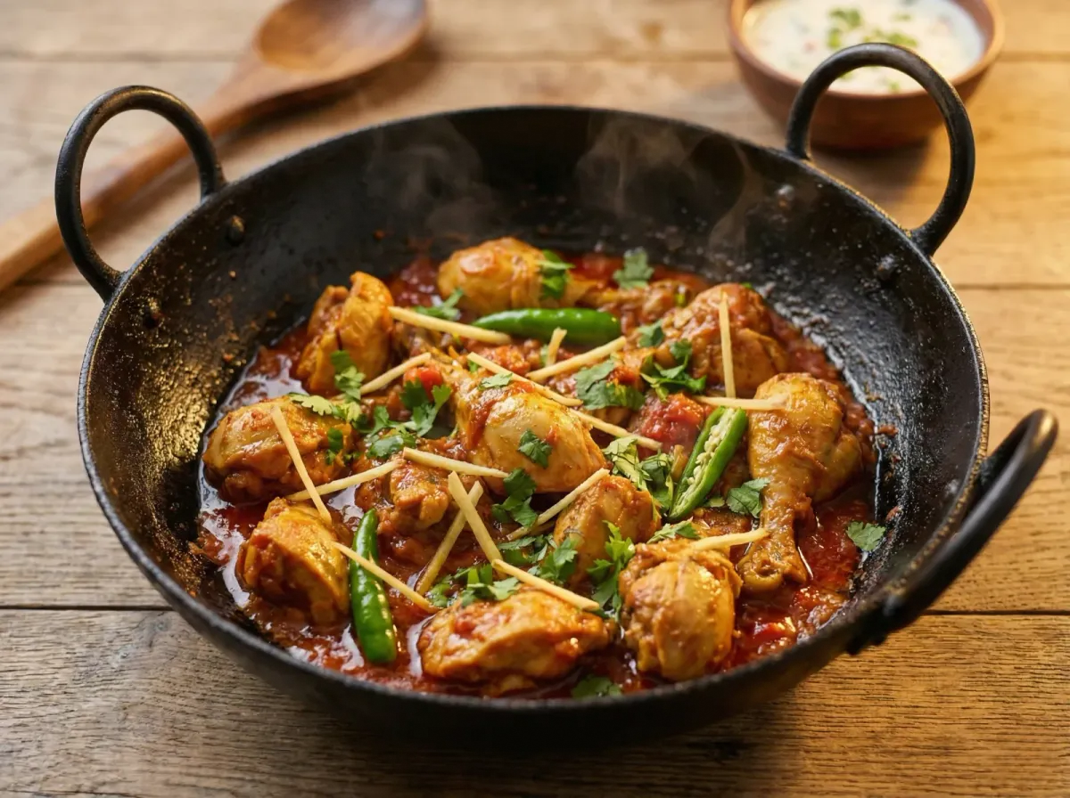 Chicken karahi in a blackened steel wok with ginger julienne and fresh coriander