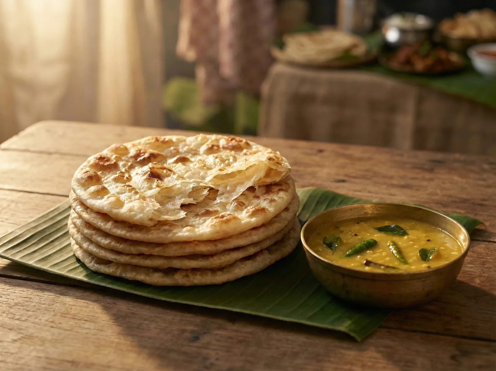 A stack of golden, blistered godamba roti on a banana leaf with a small bowl of dhal curry beside it