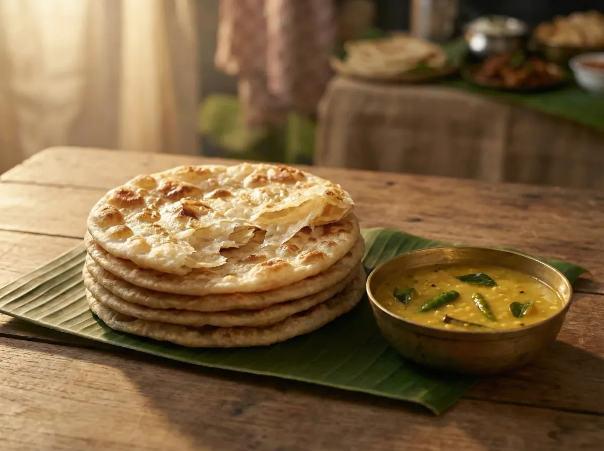 A stack of golden, blistered godamba roti on a banana leaf with a small bowl of dhal curry beside it