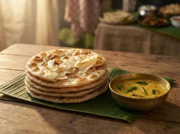 A stack of golden, blistered godamba roti on a banana leaf with a small bowl of dhal curry beside it