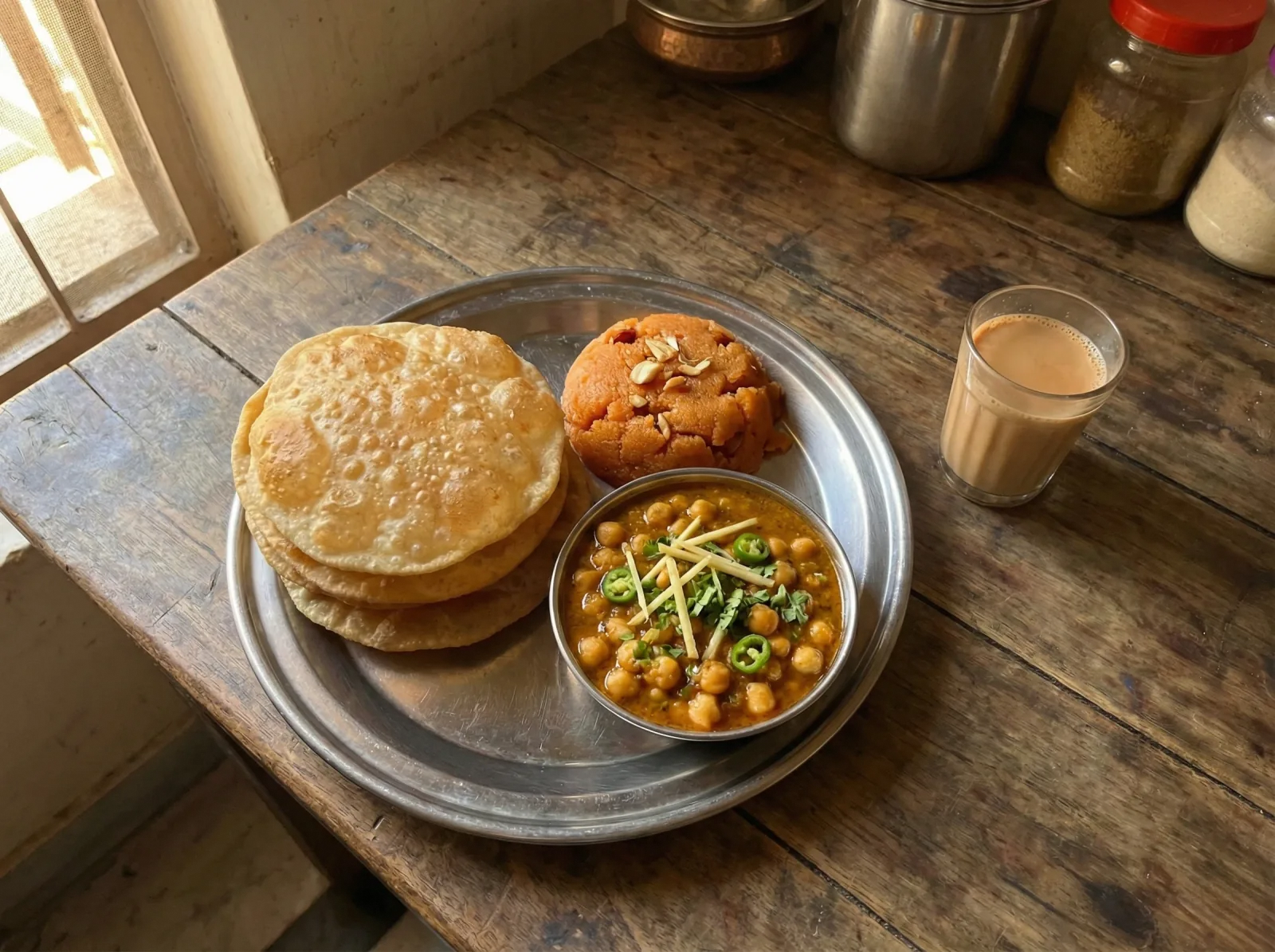 A steel thali with golden puris, bright orange sooji halwa, and chickpea curry garnished with ginger and green chillies, set on a newspaper-covered table