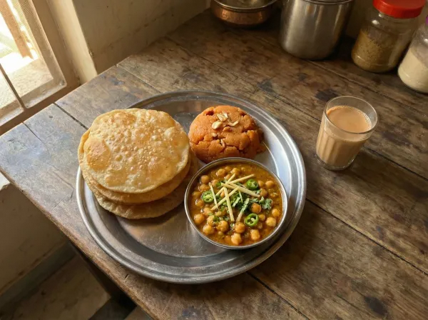 A steel thali with golden puris, bright orange sooji halwa, and chickpea curry garnished with ginger and green chillies, set on a newspaper-covered table