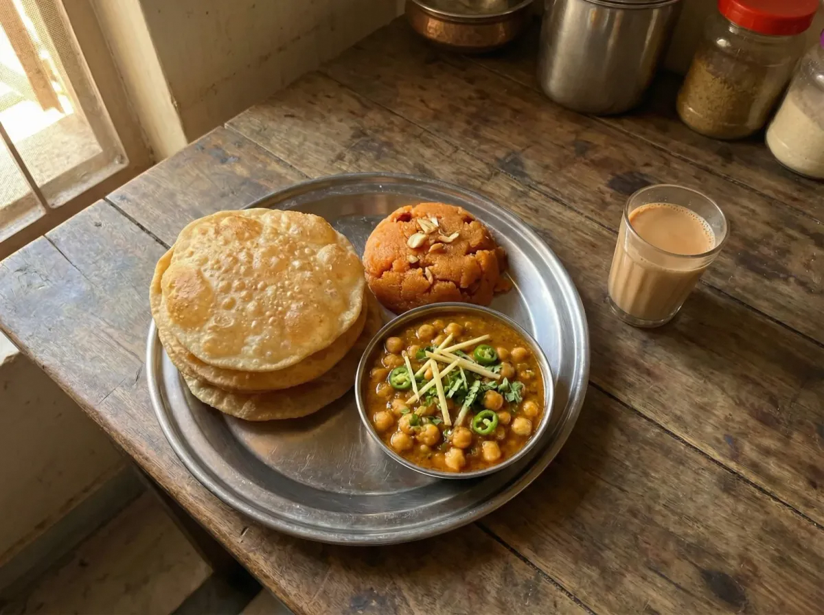 A steel thali with golden puris, bright orange sooji halwa, and chickpea curry garnished with ginger and green chillies, set on a newspaper-covered table