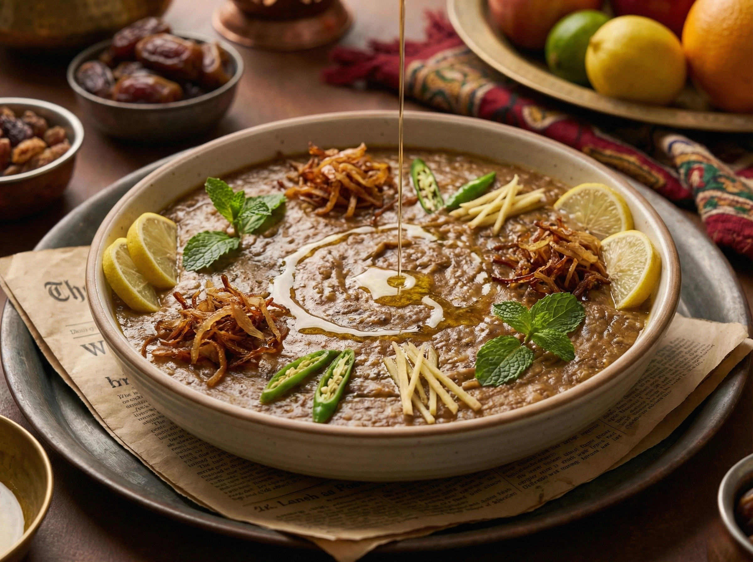 A wide bowl of dark haleem garnished with fried onions, fresh mint, ginger julienne, lemon wedges, and a drizzle of ghee, served on a newspaper-lined tray