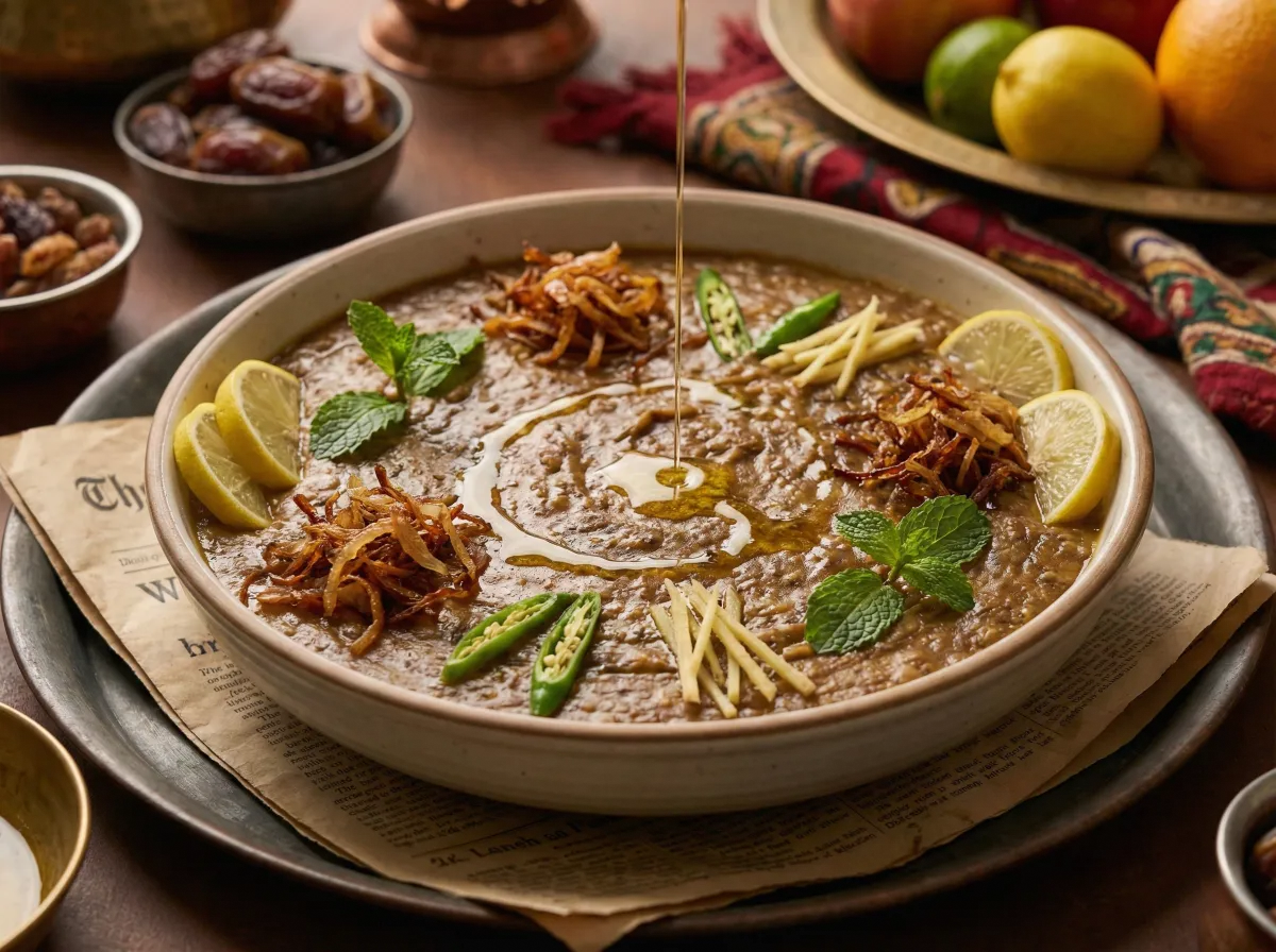 A wide bowl of dark haleem garnished with fried onions, fresh mint, ginger julienne, lemon wedges, and a drizzle of ghee, served on a newspaper-lined tray
