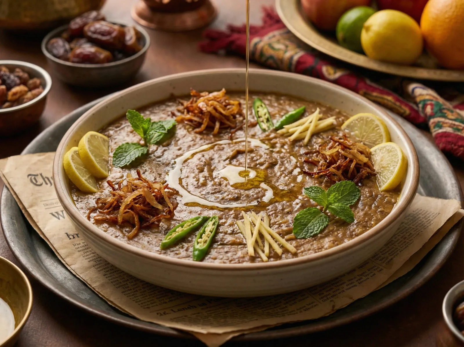 A wide bowl of dark haleem garnished with fried onions, fresh mint, ginger julienne, lemon wedges, and a drizzle of ghee, served on a newspaper-lined tray