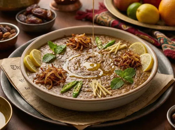 A wide bowl of dark haleem garnished with fried onions, fresh mint, ginger julienne, lemon wedges, and a drizzle of ghee, served on a newspaper-lined tray