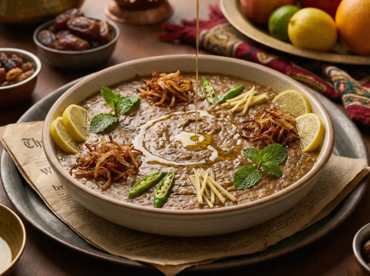 A wide bowl of dark haleem garnished with fried onions, fresh mint, ginger julienne, lemon wedges, and a drizzle of ghee, served on a newspaper-lined tray