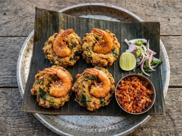 Golden brown lentil fritters topped with orange-hued prawns on a banana leaf, served with a small bowl of red onion sambol on the side