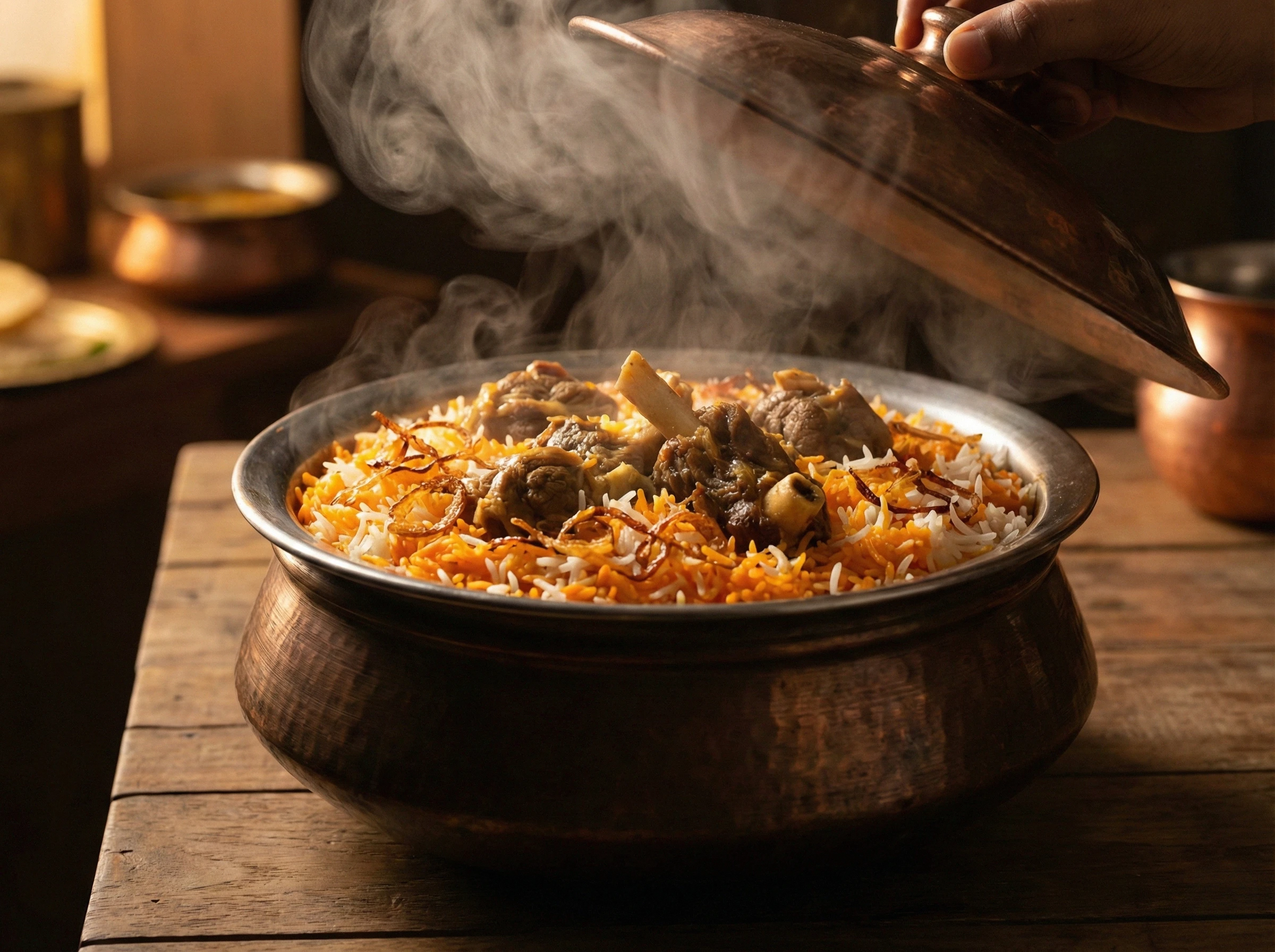 A large sealed clay pot of kacchi biryani being opened at the table, steam rising