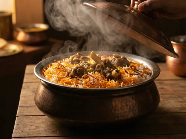 A large sealed clay pot of kacchi biryani being opened at the table, steam rising