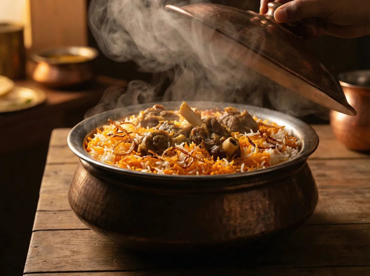 A large sealed clay pot of kacchi biryani being opened at the table, steam rising