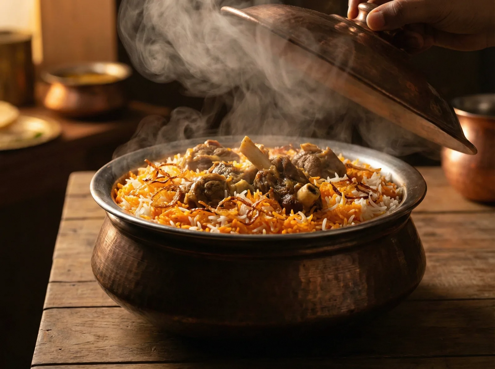 A large sealed clay pot of kacchi biryani being opened at the table, steam rising