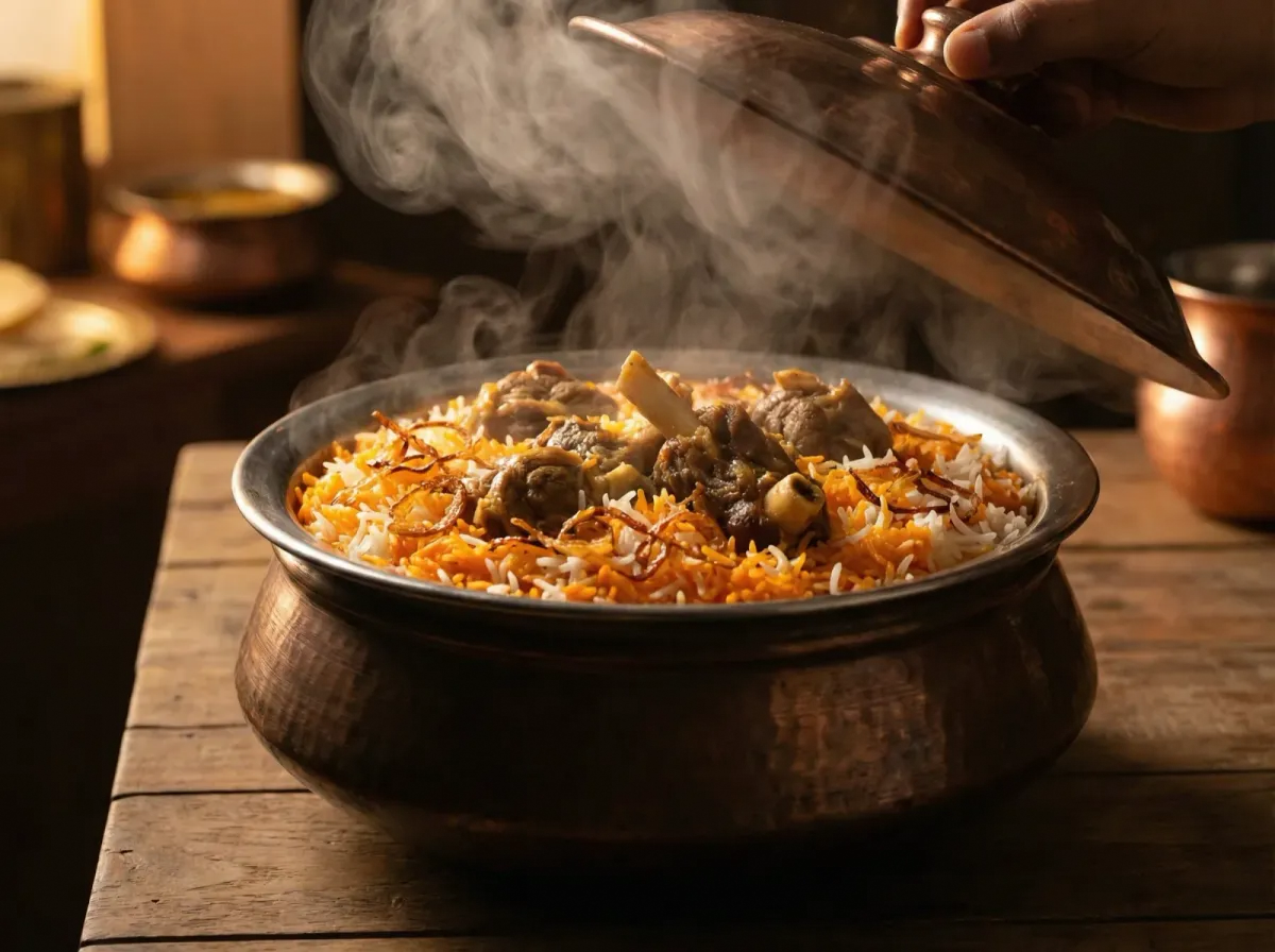 A large sealed clay pot of kacchi biryani being opened at the table, steam rising