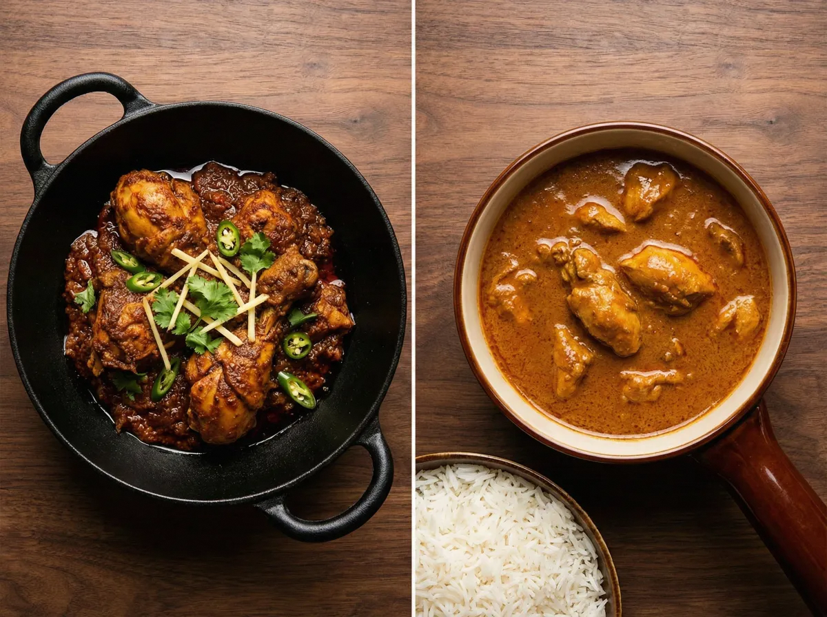 A split image showing a chicken karahi in a traditional two-handled wok on one side and a slow-cooked British-style curry in a saucepan on the other