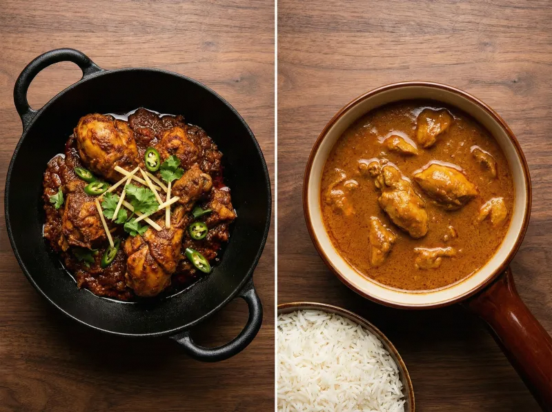 A split image showing a chicken karahi in a traditional two-handled wok on one side and a slow-cooked British-style curry in a saucepan on the other