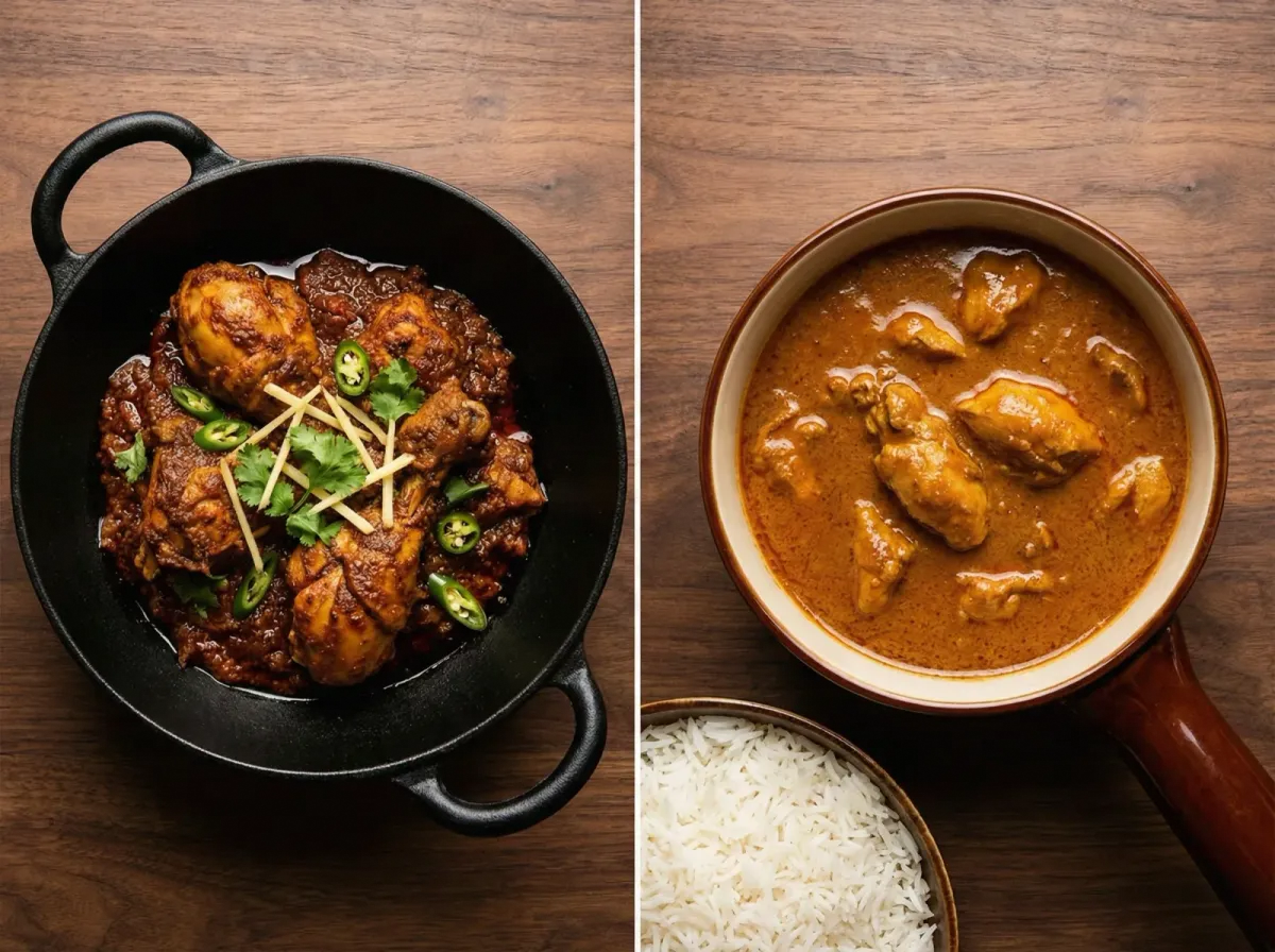 A split image showing a chicken karahi in a traditional two-handled wok on one side and a slow-cooked British-style curry in a saucepan on the other