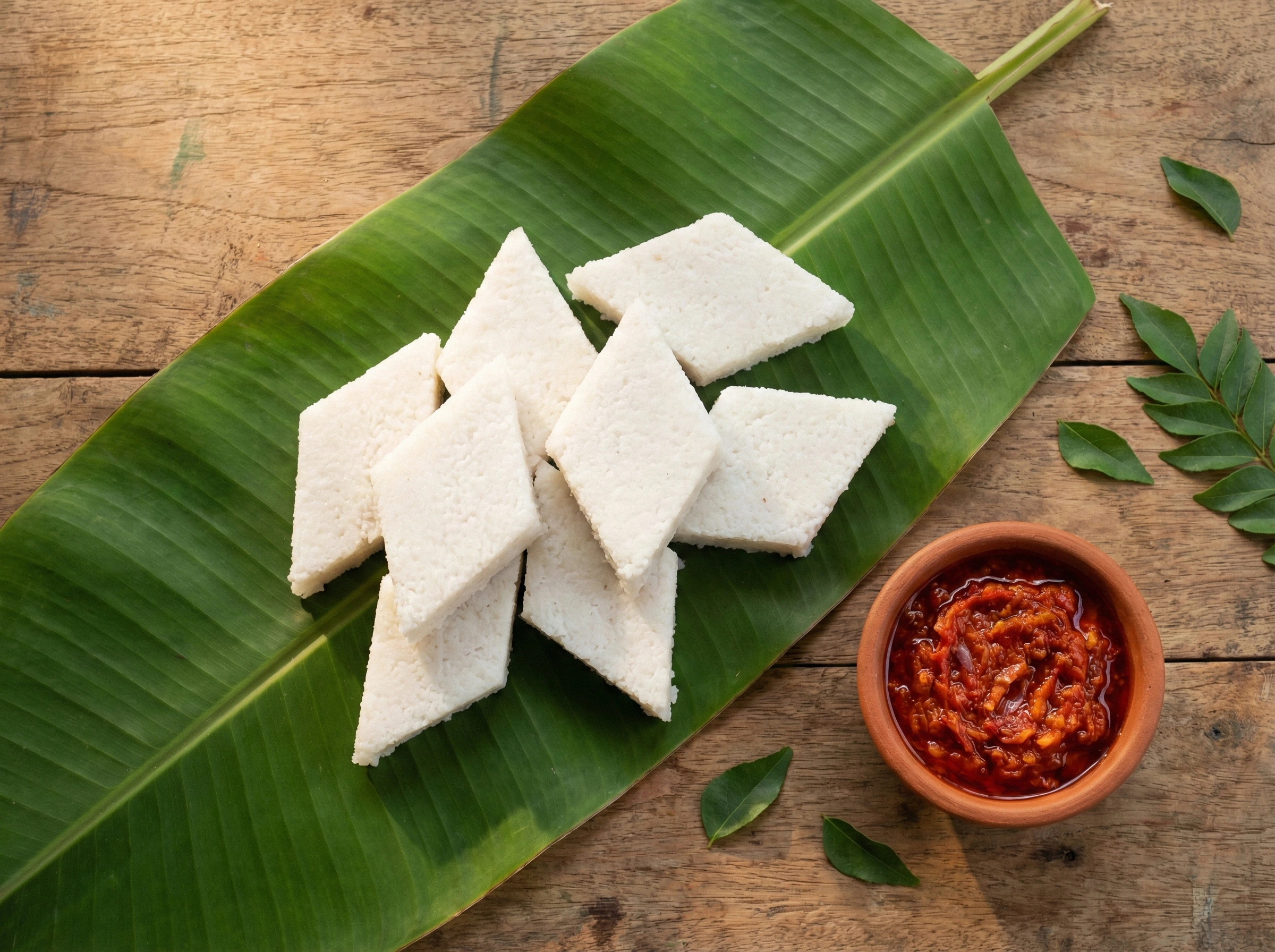 A wooden board of diamond-shaped kiribath pieces on a banana leaf, served alongside a small bowl of fiery red lunu miris sambol