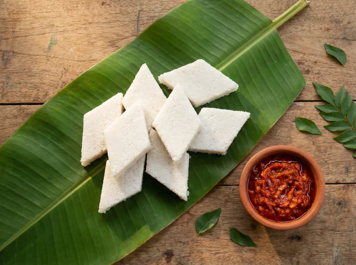A wooden board of diamond-shaped kiribath pieces on a banana leaf, served alongside a small bowl of fiery red lunu miris sambol