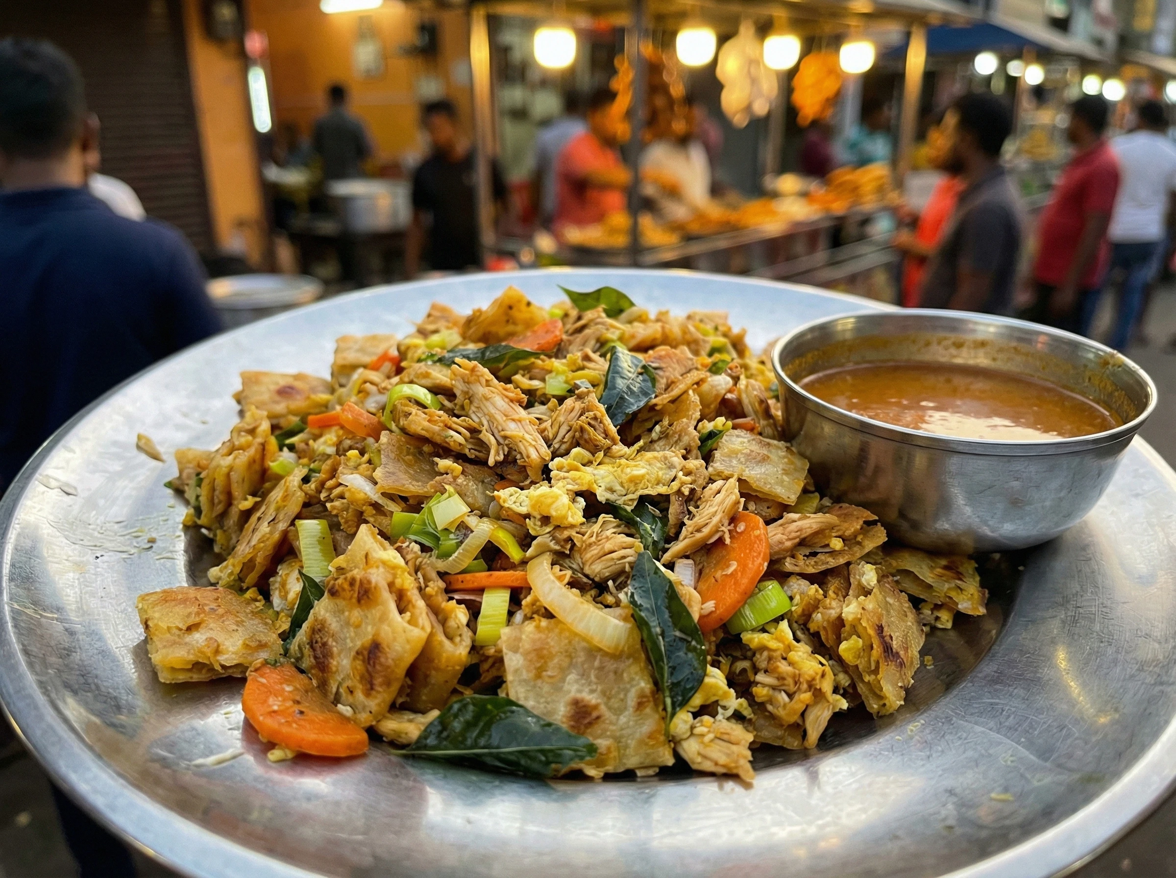 A metal plate of chicken kottu roti on a street stall counter, golden and flecked with curry leaves, with a small bowl of curry sauce beside it