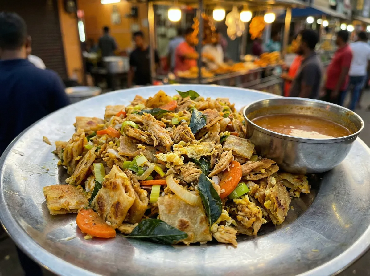 A metal plate of chicken kottu roti on a street stall counter, golden and flecked with curry leaves, with a small bowl of curry sauce beside it