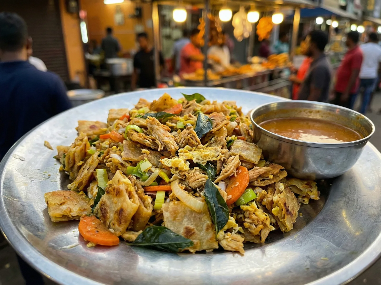 A metal plate of chicken kottu roti on a street stall counter, golden and flecked with curry leaves, with a small bowl of curry sauce beside it