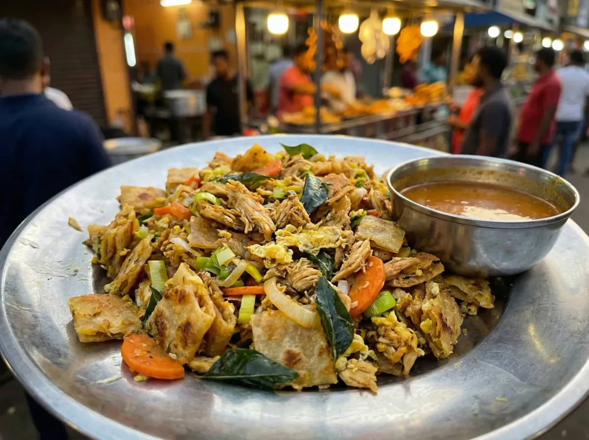 A metal plate of chicken kottu roti on a street stall counter, golden and flecked with curry leaves, with a small bowl of curry sauce beside it