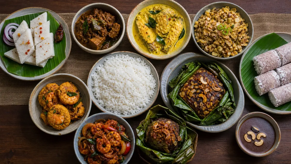 An overhead Sri Lankan spread with rice, fish curry, kottu roti, kiribath, pittu, prawn vadai, lamprais, devilled prawns, and watalappan