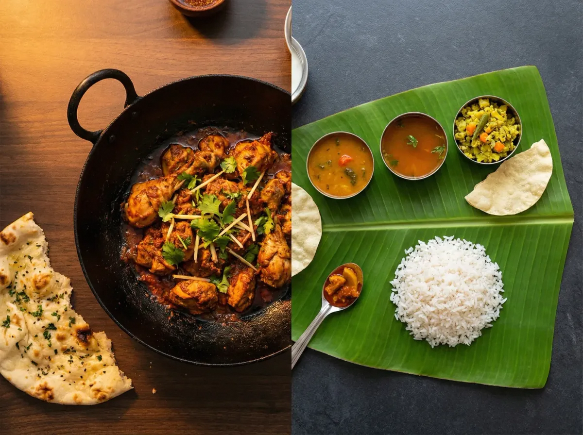 A Lahori karahi on one side and a South Indian thali on the other, showing the visual contrast between the two cuisines