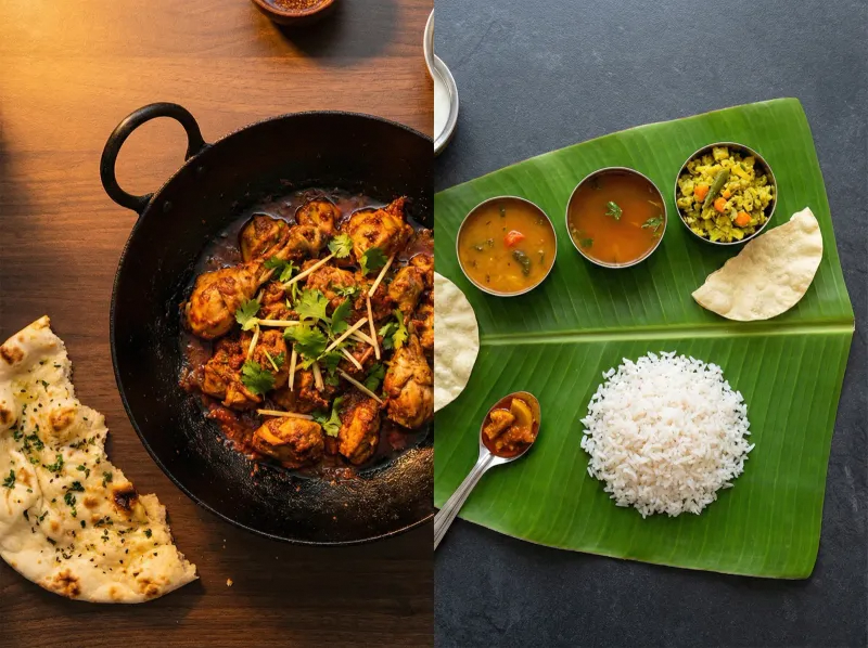 A Lahori karahi on one side and a South Indian thali on the other, showing the visual contrast between the two cuisines
