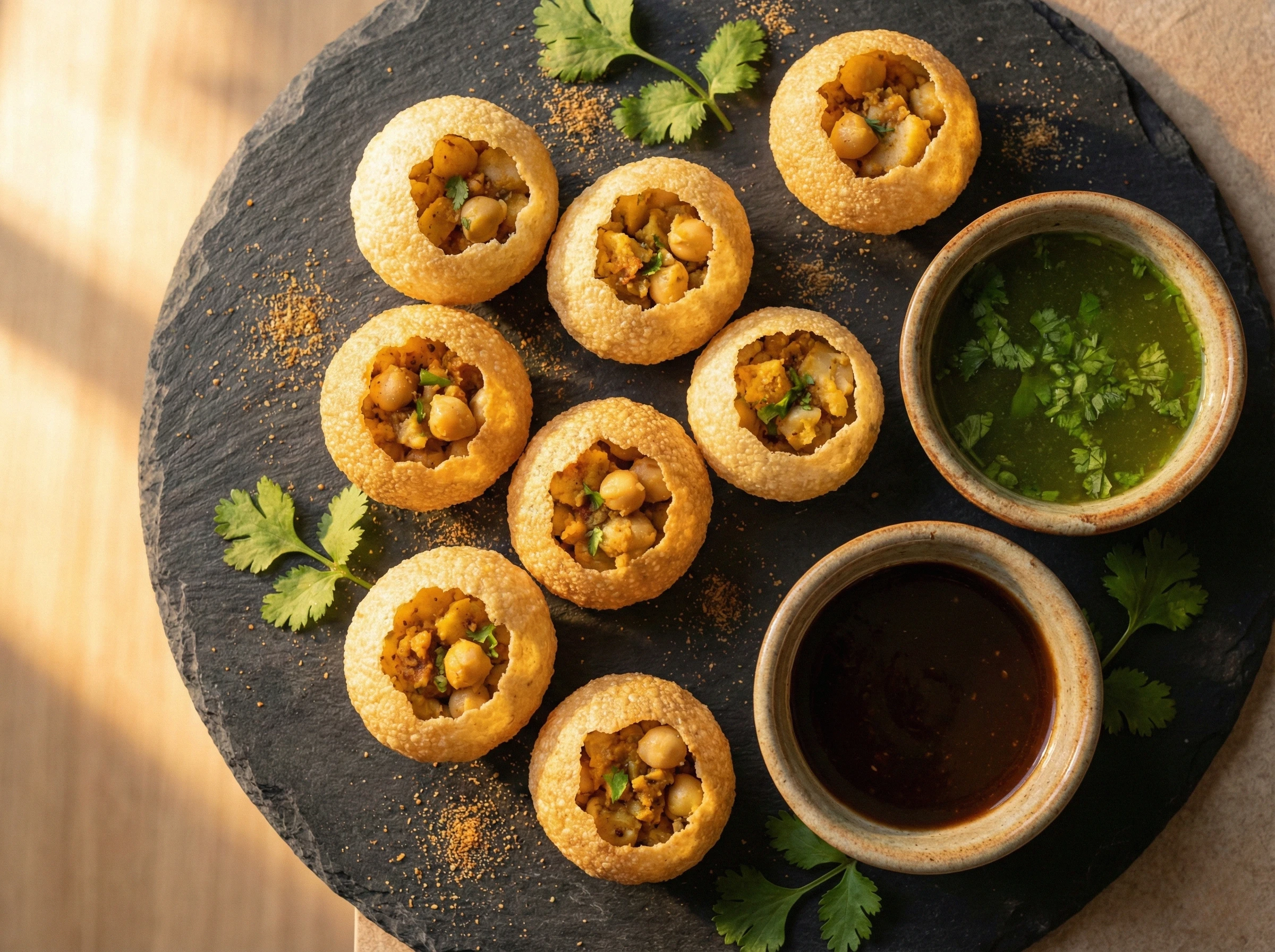 Hands filling hollow crispy puri shells at a Mumbai street stall with bowls of green and tamarind water