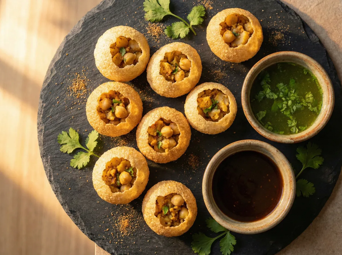 Hands filling hollow crispy puri shells at a Mumbai street stall with bowls of green and tamarind water