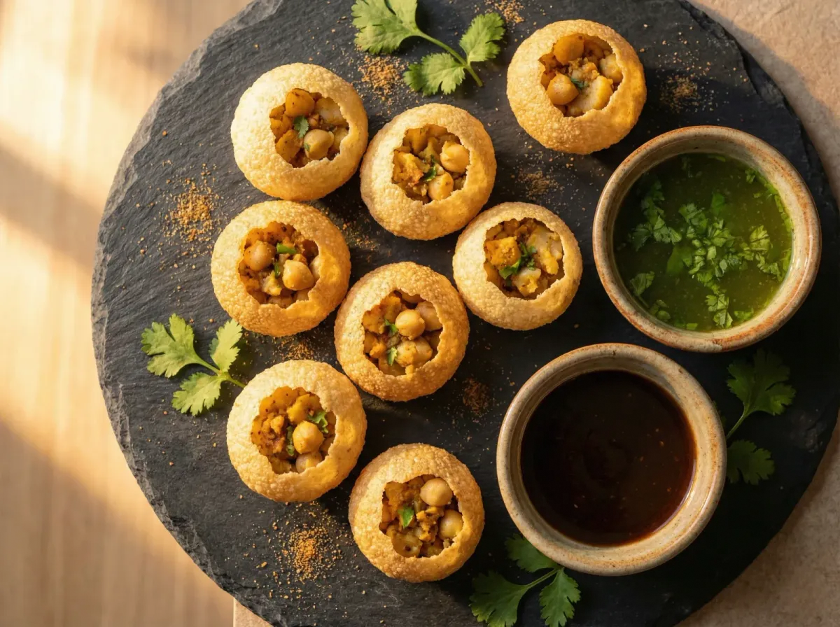 Hands filling hollow crispy puri shells at a Mumbai street stall with bowls of green and tamarind water