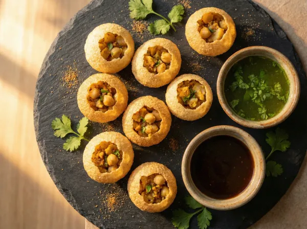Hands filling hollow crispy puri shells at a Mumbai street stall with bowls of green and tamarind water