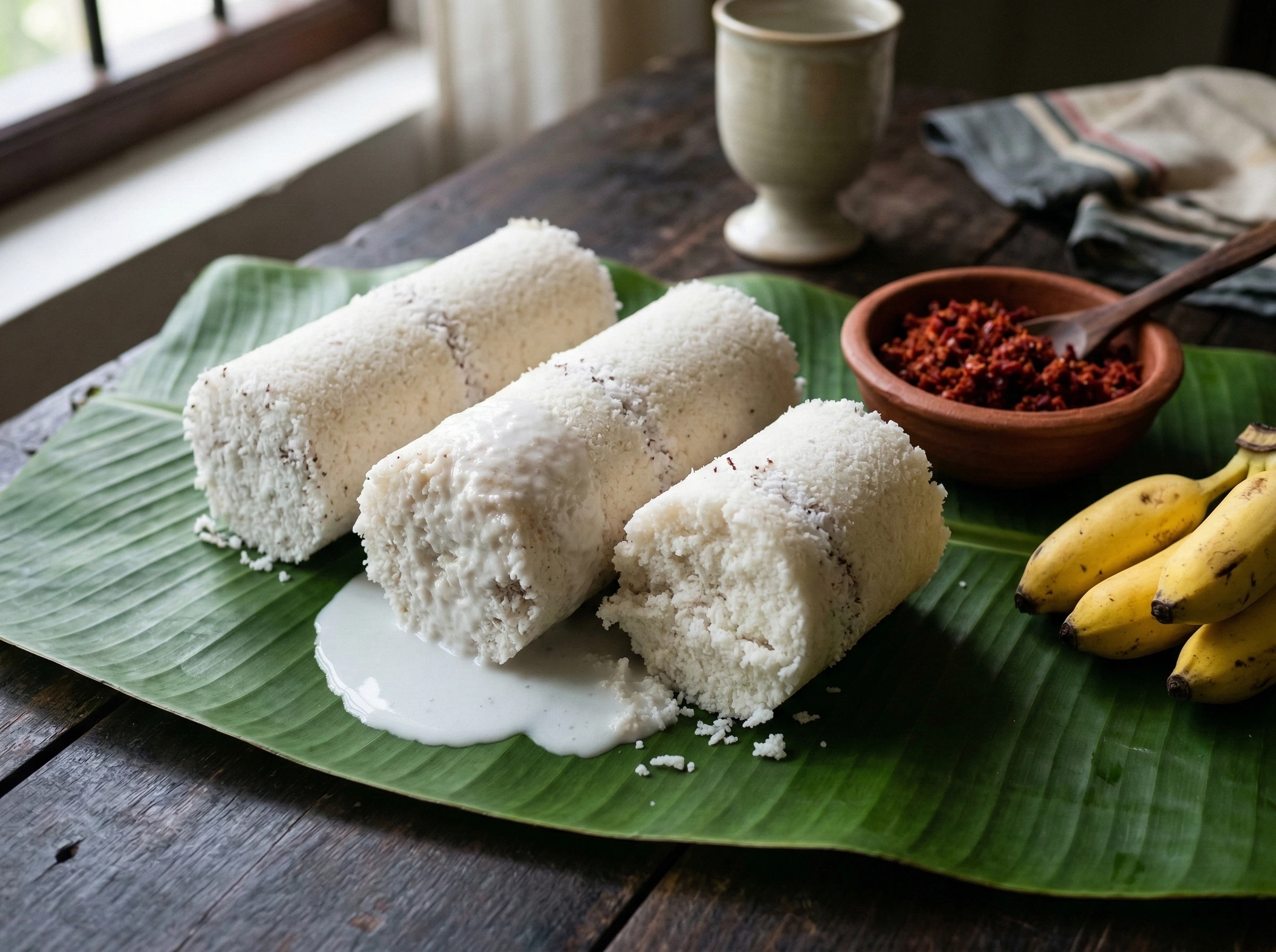 Three steamed pittu cylinders on a banana leaf, one poured over with white coconut milk, served alongside a small bowl of red pol sambol