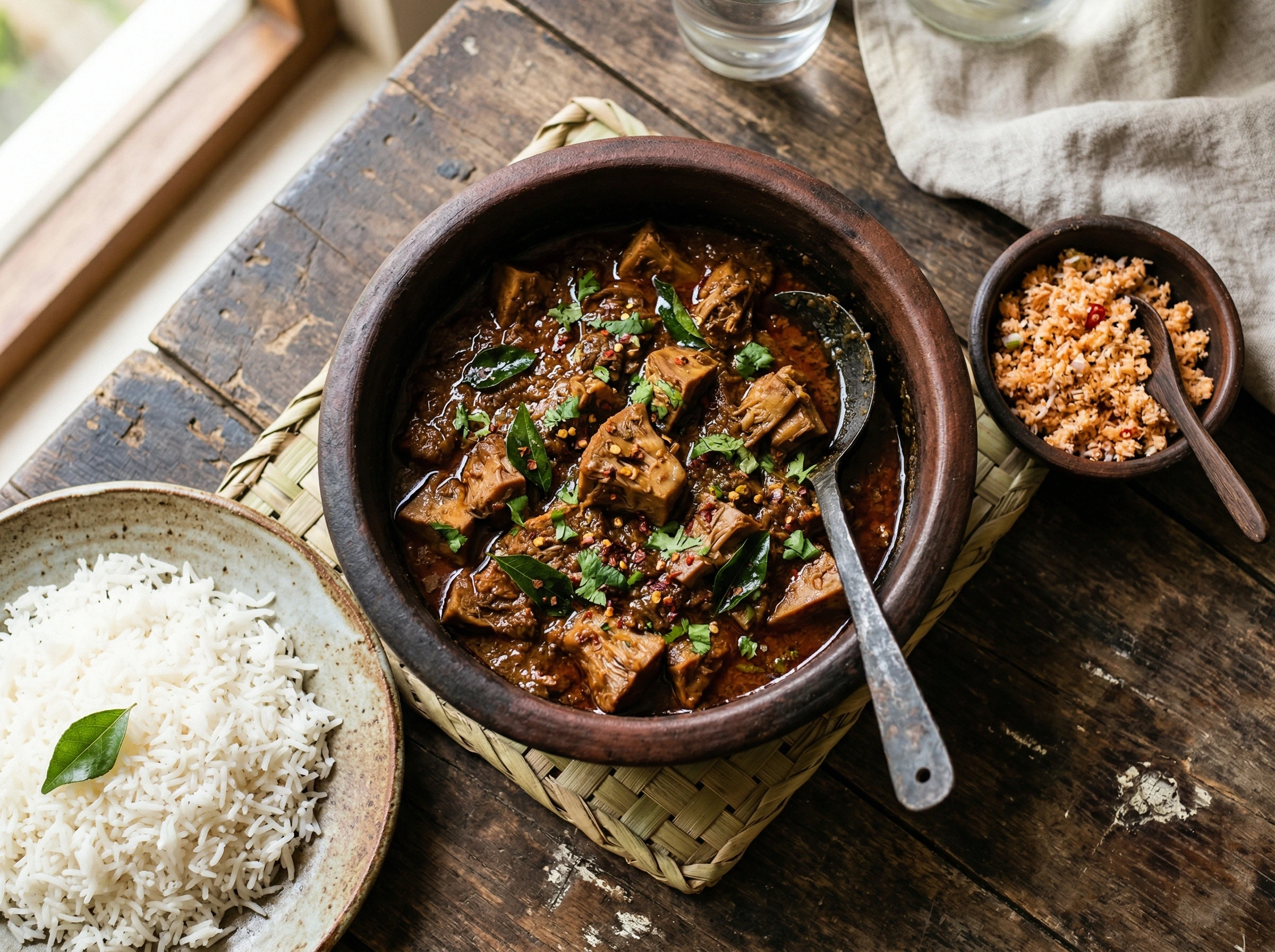 Dark, thick young jackfruit curry in a clay pot with glistening coconut oil on the surface, served alongside white rice and pol sambol
