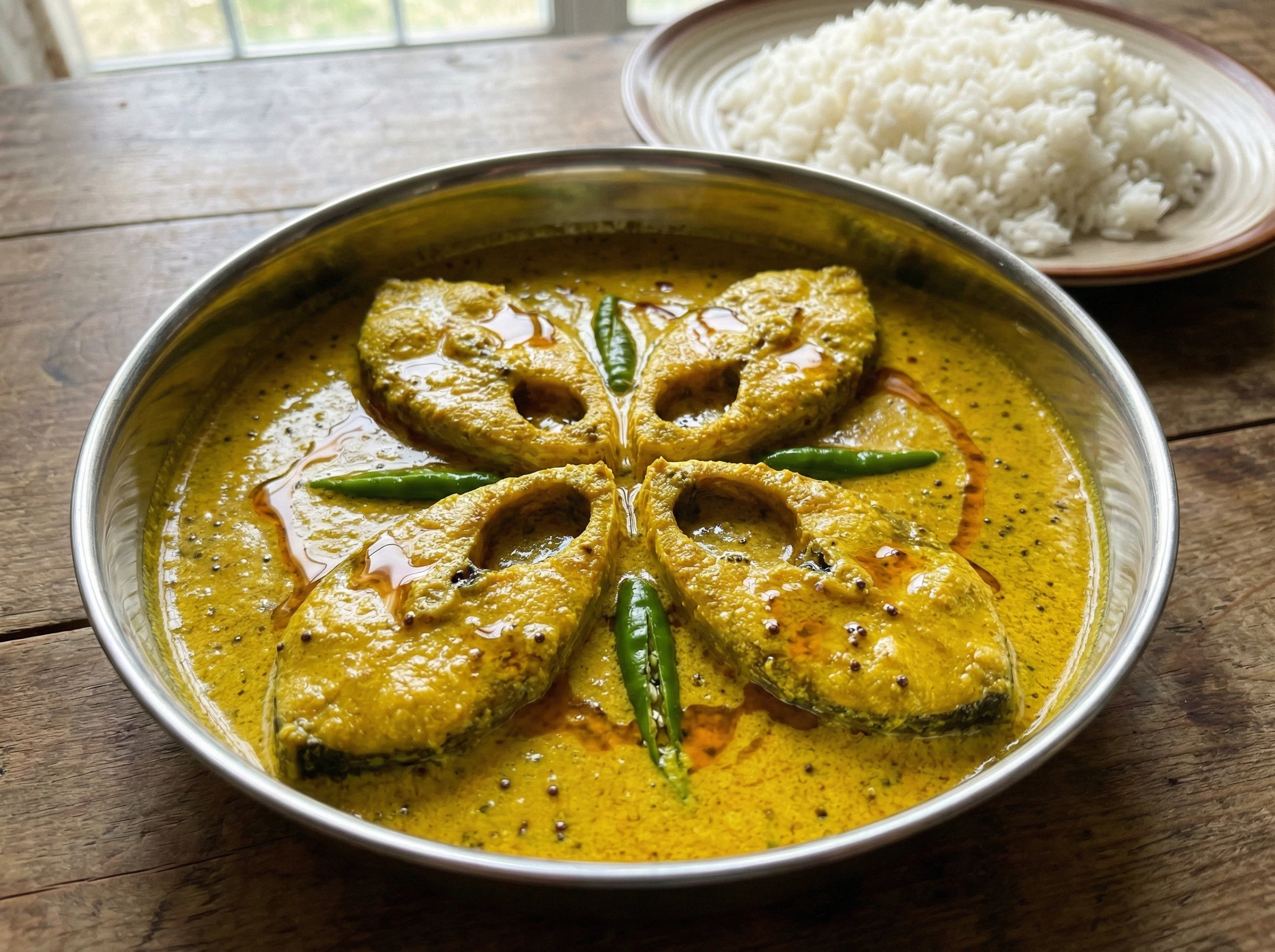 Four pieces of hilsa fish in bright yellow mustard sauce in a traditional Bengali steel bowl, garnished with slit green chillies and a drizzle of raw mustard oil