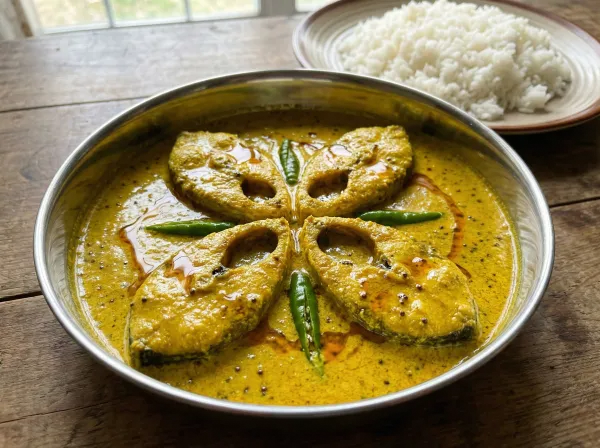Four pieces of hilsa fish in bright yellow mustard sauce in a traditional Bengali steel bowl, garnished with slit green chillies and a drizzle of raw mustard oil