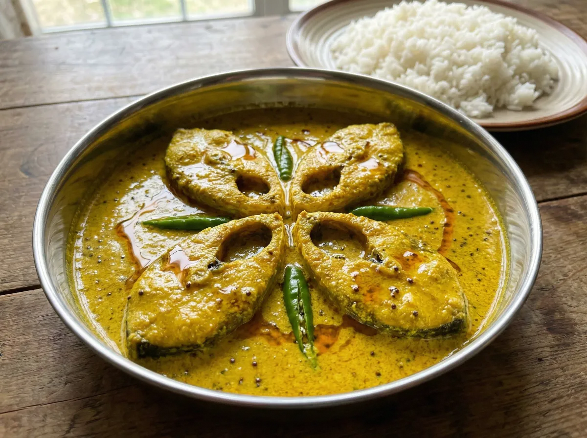 Four pieces of hilsa fish in bright yellow mustard sauce in a traditional Bengali steel bowl, garnished with slit green chillies and a drizzle of raw mustard oil